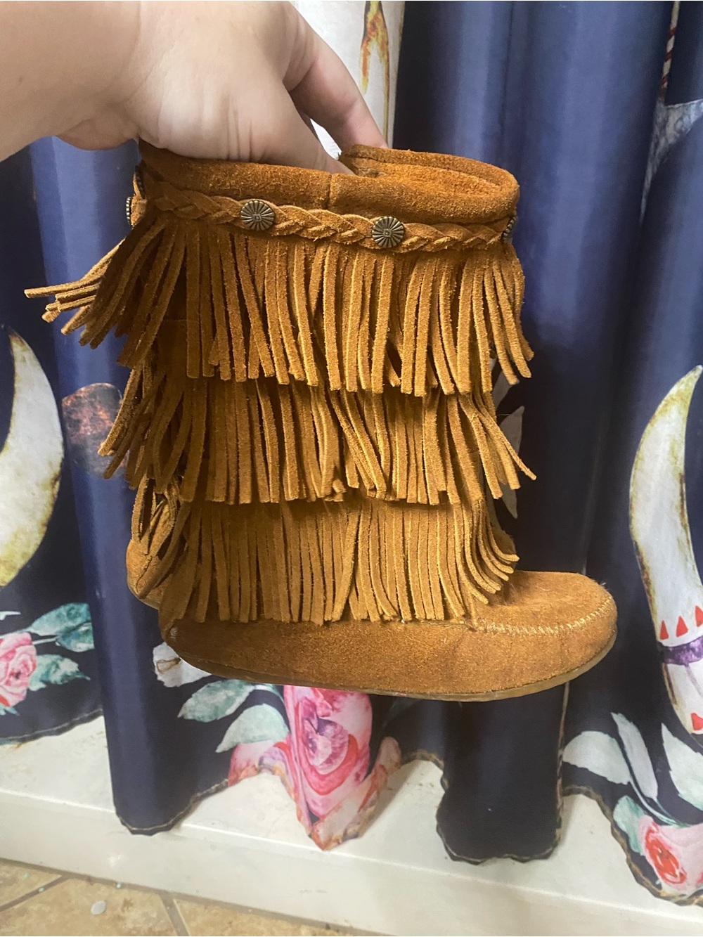 Minnetonka Girls Triple Fringe Moccasin Boot - Brown
